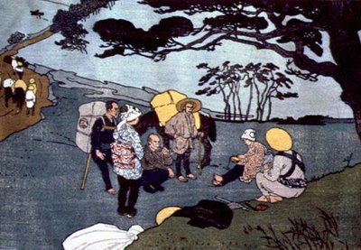 Sosta dei viaggiatori su una strada di montagna in Giappone da Emil Orlik