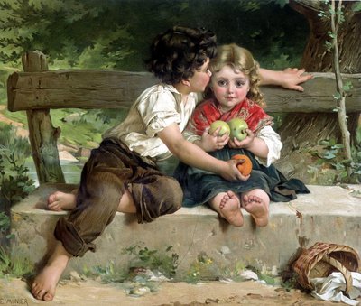 Ragazzo che bacia una ragazza e le dà mele, secondo E. Munier da Émile (after) Munier
