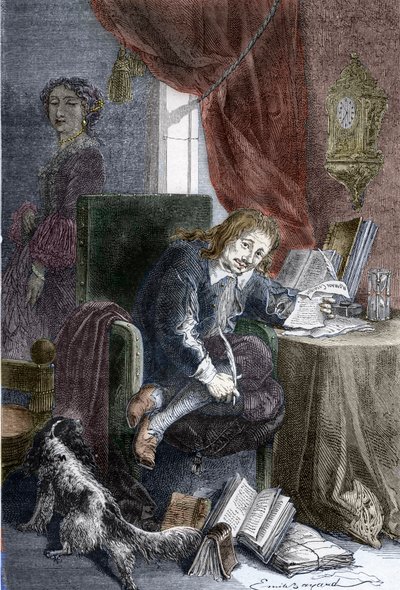 Ritratto dello scrittore francese Paul Scarron (1610-1660) autore di commedie burlesche, rappresentato su una sedia per invalidi, sua moglie Francoise d