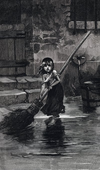 Scena da Les Miserables, di Victor Hugo: Cosette che spazza (incisione) da Emile Antoine (after) Bayard