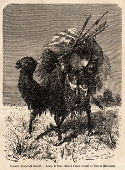 Un cammello emigrante mongolo, che trasporta provviste, vari utensili, tappeti, coperte e legno della struttura della tenda, nonché bambini piccoli in cesti appesi. Disegno di Emile Bayard, per illustrare il viaggio da Shanghai a Mosca, dal 1859 al 1862 da Emile Antoine Bayard