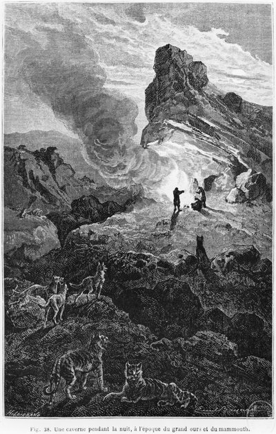 Una grotta preistorica di notte, illustrazione da 