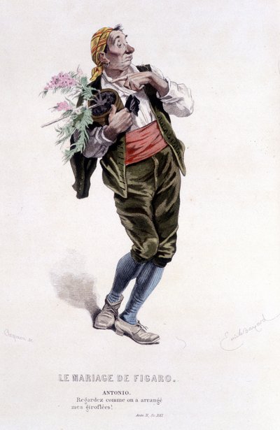 Opera completa di Beaumarchais (1732-1799) di Edouard Fournier. Disegno di Emile Bayard. Ed. Laplace, Sanchez et Cie, Parigi 1876. Questo è Antonio in "Le nozze di Figaro" da Emile Antoine Bayard