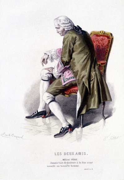 Opera completa di Beaumarchais (1732-1799) di Edouard Fournier. disegno di Emile Bayard. Ed. Laplace, Sanchez et Cie, Parigi 1876. Questo è Melac Padre in "I Due Amici" da Emile Antoine Bayard