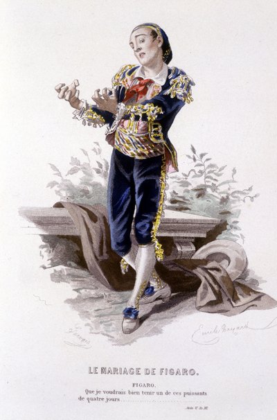 Opera completa di Beaumarchais (1732-1799) di Edouard Fournier. disegno di Emile Bayard. Ed. Laplace, Sanchez et Cie, Parigi 1876. Questo è Figaro in "Le nozze di Figaro" da Emile Antoine Bayard