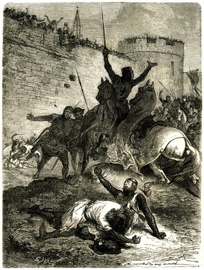 Crociata contro gli Albigesi - Assedio di Tolosa, 25 giugno 1218. Il fratello di Simon de Montfort è appena stato ferito da una freccia, Simon de Montfort stesso sta per essere ucciso da una palla di catapulta lanciata, si dice, da una delle donne di Tolos da Emile Antoine Bayard