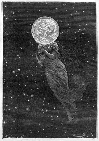 Incisione (di Emile Bayard) del libro di Jules Verne "Intorno alla Luna" (edizione Hetzel/Voyages extraordinaire 1870): descrizione della luna disegnata con il corpo di una giovane donna (testo di J. Verne): "... superficie imbottita, crepata, un vero coli da Emile Antoine Bayard