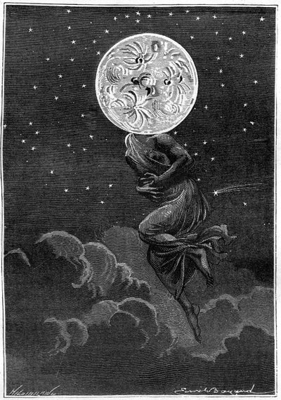 Incisione (di Emile Bayard) del libro di Jules Verne "Intorno alla Luna" (edizione Hetzel/Voyages extraordinaire 1870): "la luna personificata con il corpo di una giovane donna... che soffre di colica!" da Emile Antoine Bayard