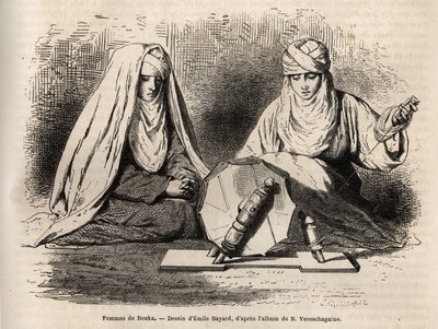Donne di Bukhara (Uzbekistan), al lavoro per filare, incisione dal disegno di Emile Bayard, per illustrare il viaggio di Basile Vereschaguine in Asia Centrale nel 1867-1868, pubblicato in "Le tour du monde" 1873, a cura di Edouard Charton, Hachette, Parigi da Emile Antoine Bayard