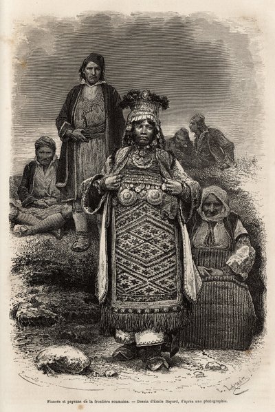 Fidanzati e contadini delle frontiere rumene, incisione dal disegno di Emile Bayard, illustrazione del viaggio in Bulgaria di Guillaume Lejean, nel 1867, pubblicato in "Le tour du monde" 1873, a cura di Edouard Charton, edizione Hachette, Parigi da Emile Antoine Bayard
