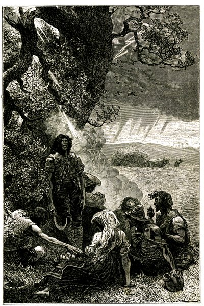 Gruppo di raccoglitori colpiti da un fulmine mentre si riparano sotto un albero durante un temporale da Emile Antoine Bayard