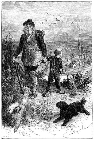 Illustrazione di Emile Bayard per il romanzo di Hector Malot "Senza Famiglia": Remi parte con Monsieur Vitalis, artista itinerante e i suoi animali addestrati, i tre cani Capi, Zerbino e Dolce - Edizione Hetzel 1880 da Emile Antoine Bayard