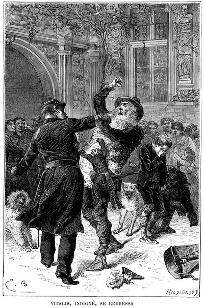 Illustrazione di Emile Bayard per il romanzo di Hector Malot "Senza Famiglia": a Tolosa, Monsieur Vitalis, indegno, viene arrestato da un poliziotto davanti a Remi e ai suoi amici, gli animali sapienti della troupe: Joli-Coeur (cuore carino), la scimmia e da Emile Antoine Bayard