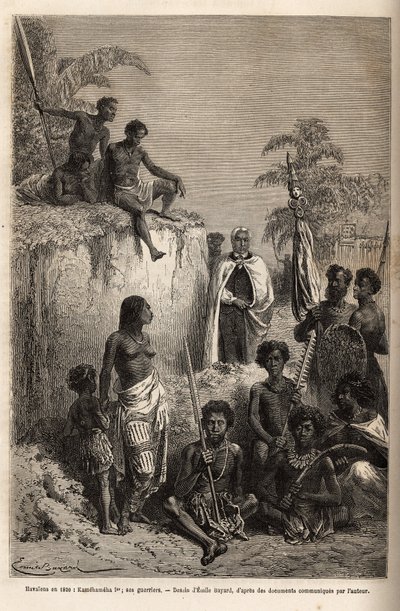 Kamehameha I, re delle Isole Hawaii e fondatore della loro unità, circondato da guerrieri hawaiani e alcuni sudditi a Honolulu, incisione dal disegno di Emile Bayard, illustrando il viaggio alle Isole Sandwich, nel 1855-69, di C da Emile Antoine Bayard