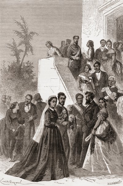 Kamehameha V, al centro, con la sua famiglia, illustrazione da 
