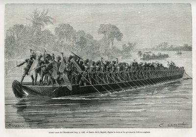 Grande canoa degli Arouhouimi, carica di 40 rematori in piedi e venti guerrieri armati, sul fiume Livingstone (Congo), disegno di Emile Bayard, per illustrare la storia 