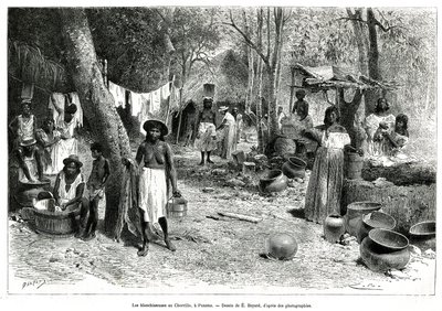 Le lavandaie al Chorillo, Panama, incisione dal disegno di E.Bayard, per illustrare la storia Esplorazione agli istmi di Panama e Darien, di A. Reclus, tenente di nave, dal 1876 al 1878, pubblicato in Le tour du monde da Emile Antoine Bayard