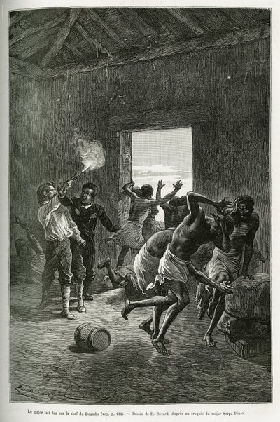 Il maggiore Serpa Pinto sparò al capo del villaggio o si fermò perché chiedeva ancora più brandy in cambio della sua ospitalità. Incisione di Emile Bayard, per illustrare la storia di come ho attraversato l