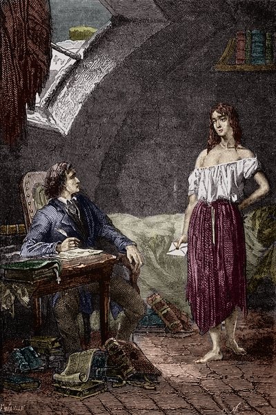 Marius ed Eponine, figlia maggiore dei Thenardier e innamorata di Marius Illustrazione del romanzo "I Miserabili" di Victor Hugo (1802-1885) Illustrazione di Emile Bayard - (Eponine Thenardier (ragazza Jondrette) e Marius) Incisione Collezione privata da Emile Antoine Bayard