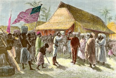 Incontro a Ujiji sulle rive del Lago Tanganica tra Henry Morton, esploratore e giornalista gallese (1841-1904) e David Livingstone, esploratore missionario scozzese del continente africano (1813-1873), il 10 novembre da Emile Antoine Bayard
