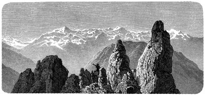 Vetta montuosa chiamata Pierre a Voir vicino alle terme di Saxon nelle Alpi svizzere. Illustrazione di Emile Bayard per il libro di Albert Dupaigne 