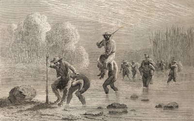 Paul Marcoy e la sua spedizione trasportati attraverso una palude in Argentina dagli indiani Chuncho nel 1874, illustrazione da 