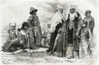 Donne kirghise povere e ricche. Incisione di Emile Bayard, per illustrare le impressioni di viaggio da Orenburg a Samarcanda, di Marie de Ujfalvy-Bourdon, tra il 1876 e il 1878, in Le Tour du monde, diretto da Edouard Charton da Emile Antoine Bayard