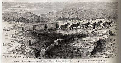 Rimontaggio di carri vuoti durante gli scavi del 1864 a Pompei, disegno di Emile Bayard (1837-1891), per illustrare il testo di Marc Monnier (1829-1885) "Pompei e i Pompeiani". Incisione in Le tour du monde, a cura di Edouard Charton da Emile Antoine Bayard
