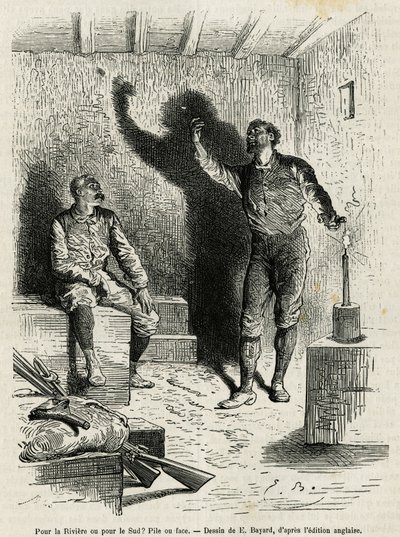 Sir Henri Morton Stanley (1841-1904) e Franck Pock, suo compagno di esplorazione, decidono a testa o croce l