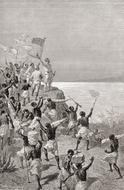 Stanley e la sua spedizione vedono per la prima volta il Tanganica, Africa orientale, nel 1872, illustrazione da 