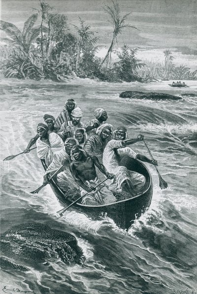 Stanley supera le rapide sul fiume Congo, disegno di Emile Bayard da Emile Antoine Bayard