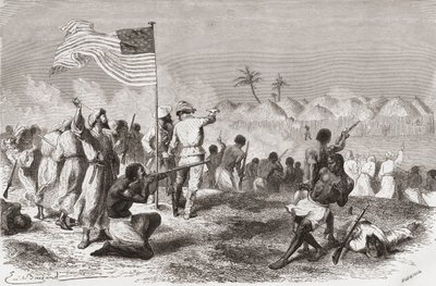 Attacco di Stanley a Zimbizo durante la sua spedizione nel 1871, illustrazione da 