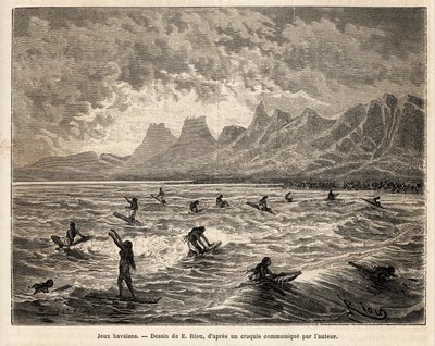 Surf, il gioco preferito degli hawaiani, qui praticato da donne, in equilibrio, in piedi o sedute, sulla tavola, sulla cresta delle onde, che le riportano alla spiaggia, incisione dal disegno di Emile Bayard, illustrando il viaggio alle Isole Sandwich da Emile Antoine Bayard