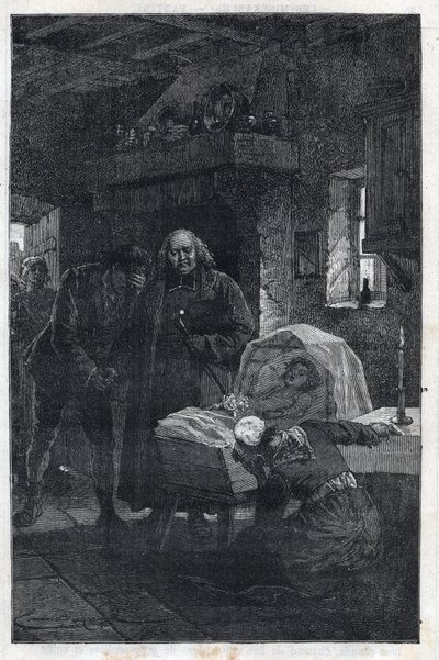 Il vescovo Myriel con una famiglia in lutto - Illustrazione di Emile Bayard (1837-1891) per "I miserabili - Prima parte: Fantine" di Victor Hugo (1802-1885) 1862 da Emile Antoine Bayard