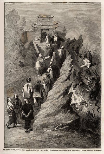 La Via del Cielo, disegno di E.Bayard, basato su un dipinto di una pagoda a Tien Tsin, che illustra il viaggio da Shanghai a Mosca, dal 1859 al 1862, di M.de Bourboulon, Ministro di Francia in Cina. Incisione in "Il giro del mondo", a cura di Edou da Emile Antoine Bayard