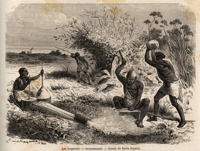 I fabbri, nella regione dei Grandi Laghi, Africa, disegno di Emile Bayard (1837-1891), illustrando il viaggio di scoperta in Africa, dal 1860 al 1863 del Capitano Speke. Incisione in "Le tour du monde", a cura di Edouard Charton da Emile Antoine Bayard