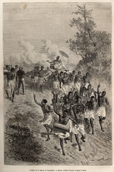 Il corteo della moglie di Cassemmbe passa davanti a Livingstone che la saluta, inciso da un disegno di Emile Bayard, illustrante l
