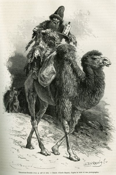 La guida e interprete della spedizione, Chutun Dzamba, 58 anni, accovacciato sul suo cammello, mormorava continuamente preghiere, disegno di Emile Bayard per illustrare il viaggio in Mongolia e nella terra dei Tanguti dal 1870 al 1873, del tenente da Emile Antoine Bayard