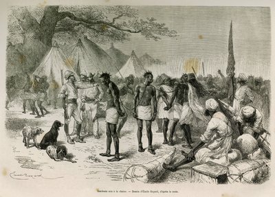 I portatori insolenti della spedizione messi in catene, disegno di Emile Bayard, per illustrare la storia: Attraverso l