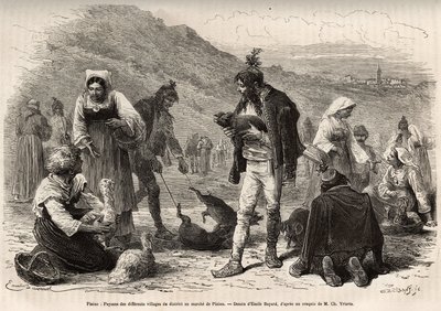 I contadini nei dintorni di Pisino (Croazia), si riuniscono per la vendita dei loro prodotti agricoli al mercato: pollame, maialini..., incisione da un disegno di Emile Bayard illustrante il viaggio in Istria e Dalmazia, nel 1874, di Charles Yriarte, pubbl da Emile Antoine Bayard