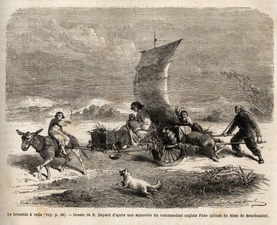 La carriola a vela, sistema di locomozione usato nella Cina settentrionale, disegno di E.Bayard, illustrando il viaggio da Shanghai a Mosca da Emile Antoine Bayard