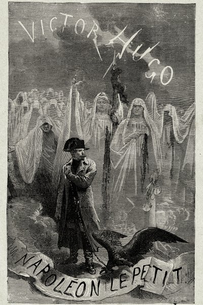 Pagina del titolo del libro di Victor Hugo "Napoleone il Piccolo" (Napoleone 3 che tiene una catena d