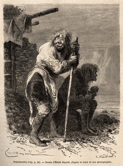 Due vecchie donne eschimesi, che indossano il costume delle donne della Groenlandia, stivali di pelle fino alle ginocchia, mutandine corte di pelle di foca e una tunica di pelle che cade davanti e dietro, nei pressi di Lichtenau, inciso dopo il disegno di  da Emile Antoine Bayard
