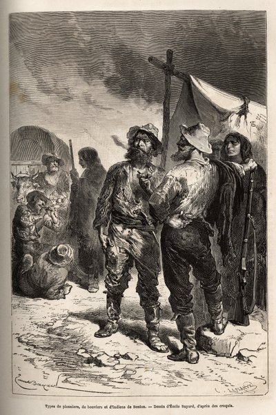 Tipi di pionieri, bovari e indiani di Benton (Montana), incisione dal disegno di Emile Bayard, illustrando il viaggio da Washington a San Francisco, nel 1868, di L. Simonin, pubblicato in "Le tour du monde" 1874 da Emile Antoine Bayard