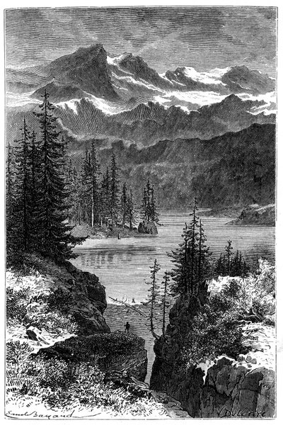 Vista delle Alpi: foresta, lago, cime. Illustrazione di Emile Bayard per il libro Les Montagnes di Albert Dupaigne, edizione Mame 1881. da Emile Antoine Bayard
