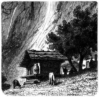 Vista delle Alpi: vecchio chalet ai piedi di una scogliera con mucche al pascolo. Illustrazione di Emile Bayard (dettaglio) per il libro Le Montagne di Albert Dupaigne, edizione Mame 1881 da Emile Antoine Bayard