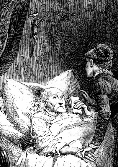 Giovane donna che si prende cura di un vecchio morente nel suo letto, sotto un crocifisso appeso al muro. Il morente tiene in mano le sue ultime raccomandazioni (testamento). (dettaglio) da Emile Antoine Bayard
