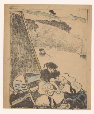 Due donne bretoni e un uomo su una barca da Émile Bernard (signed by artist)