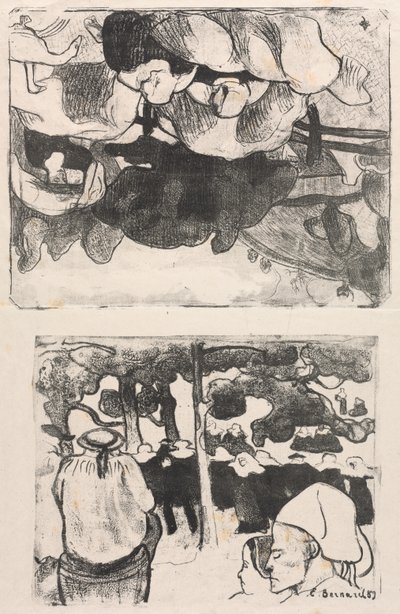 Les Bretonneries: Donne bretoni che fanno i covoni (Bretonnes Faisant les Foins) e Matrimonio in Bretagna (La Noce en Bretange) da Emile Bernard
