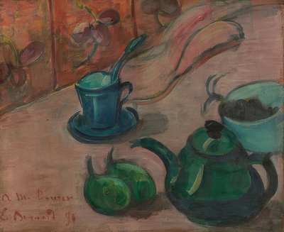 Natura morta con teiera, tazza e frutta da Emile Bernard